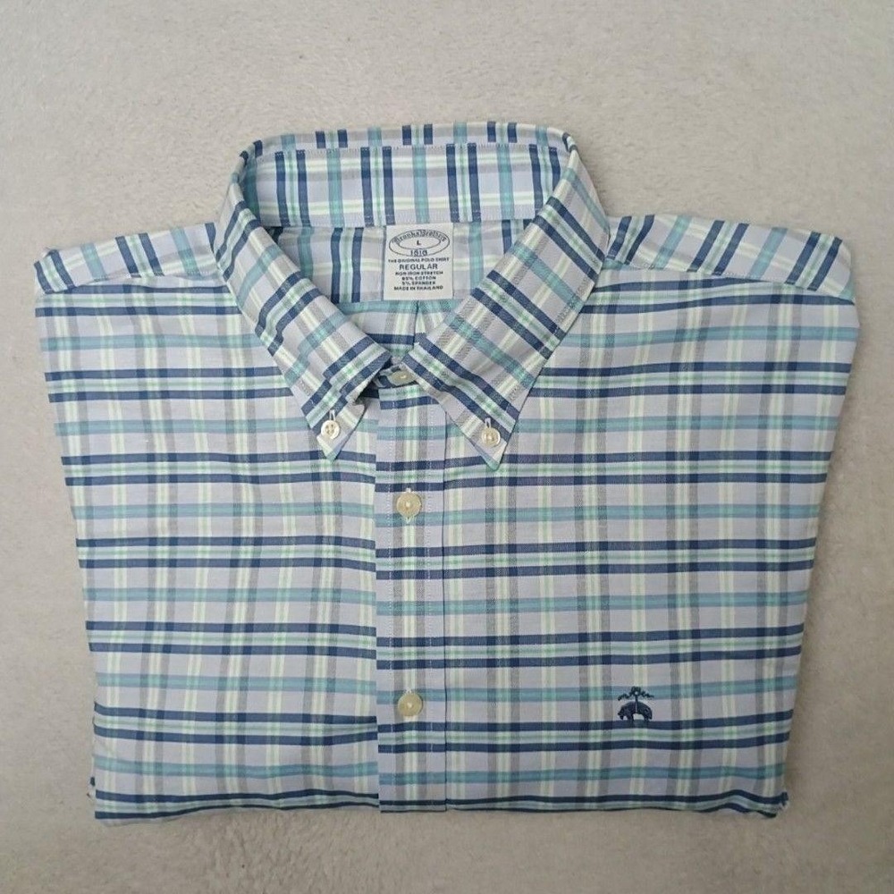 Brooks Brothers Shirt Mens L Blue Plaid Oxford Button-Down Non-Iron Stretch